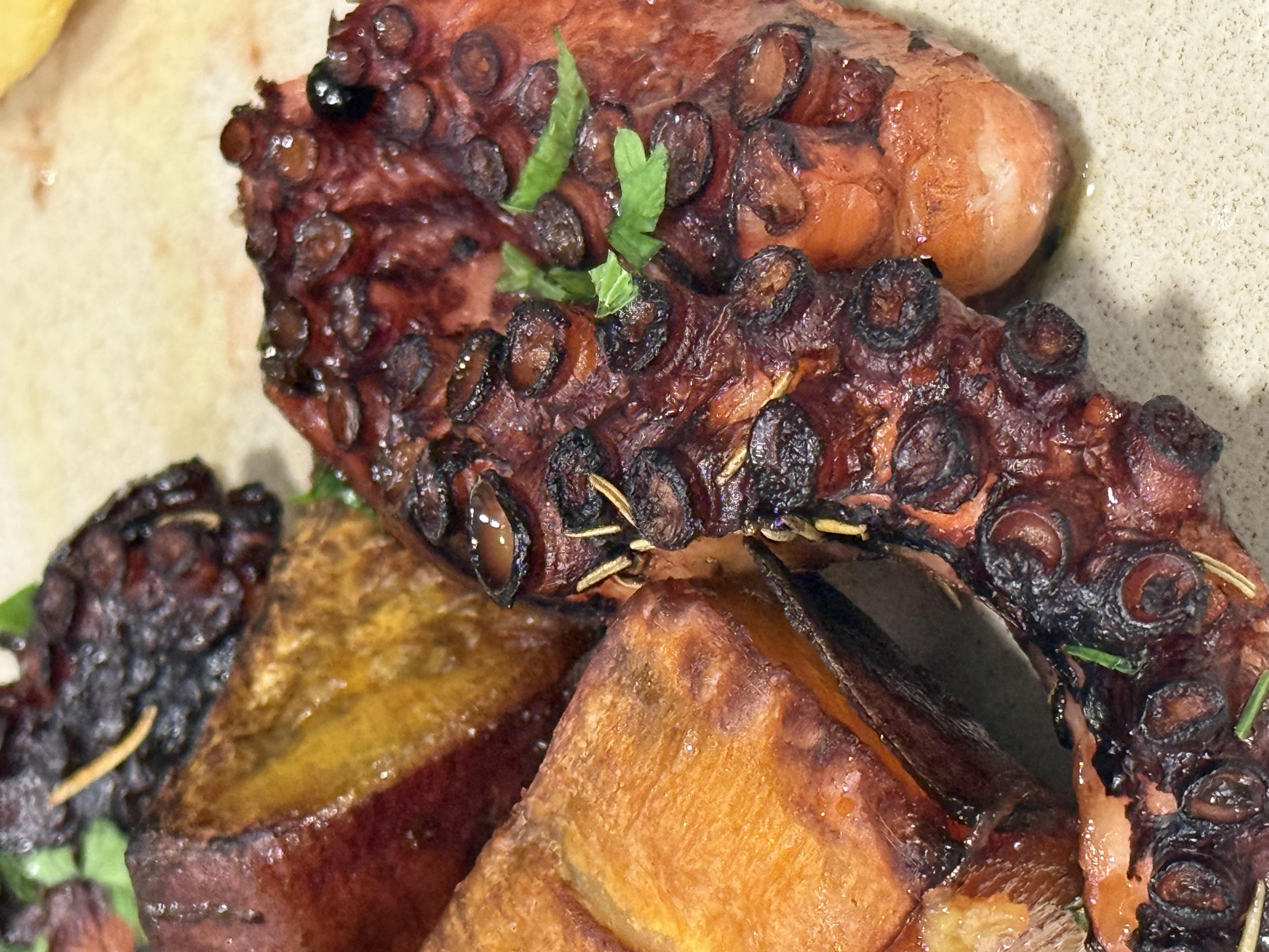 Roasted octopus and sweet potato, close up