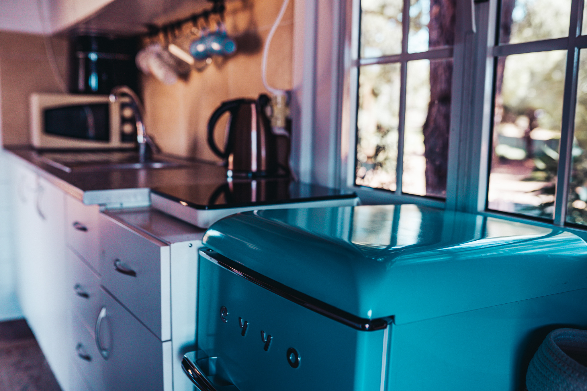 Cabin kitchenette with turquoise fridge, kettle and microwave